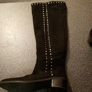 Over the knee black suede silver studded boots